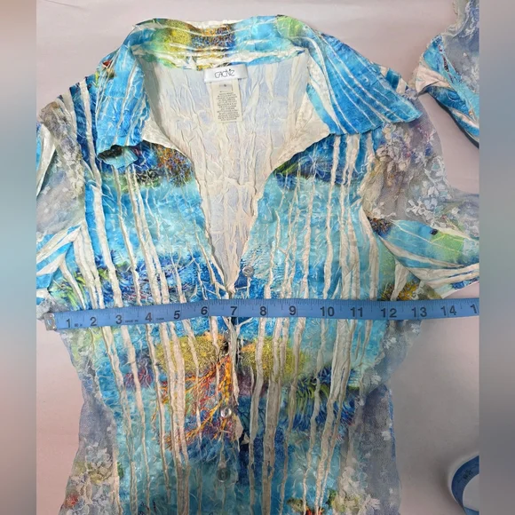 Caché Vintage Blue Abstract Floral Mesh Lace Button Up Blouse Crinkle Texture S - Picture 9 of 10